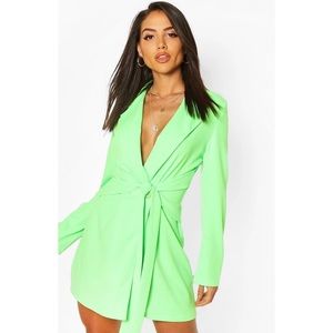 Boohoo Neon Green Belted Wrap Blazer Dress